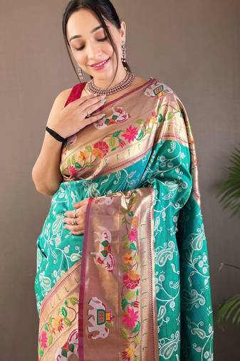 Rama Green Paithani silk blend Saree