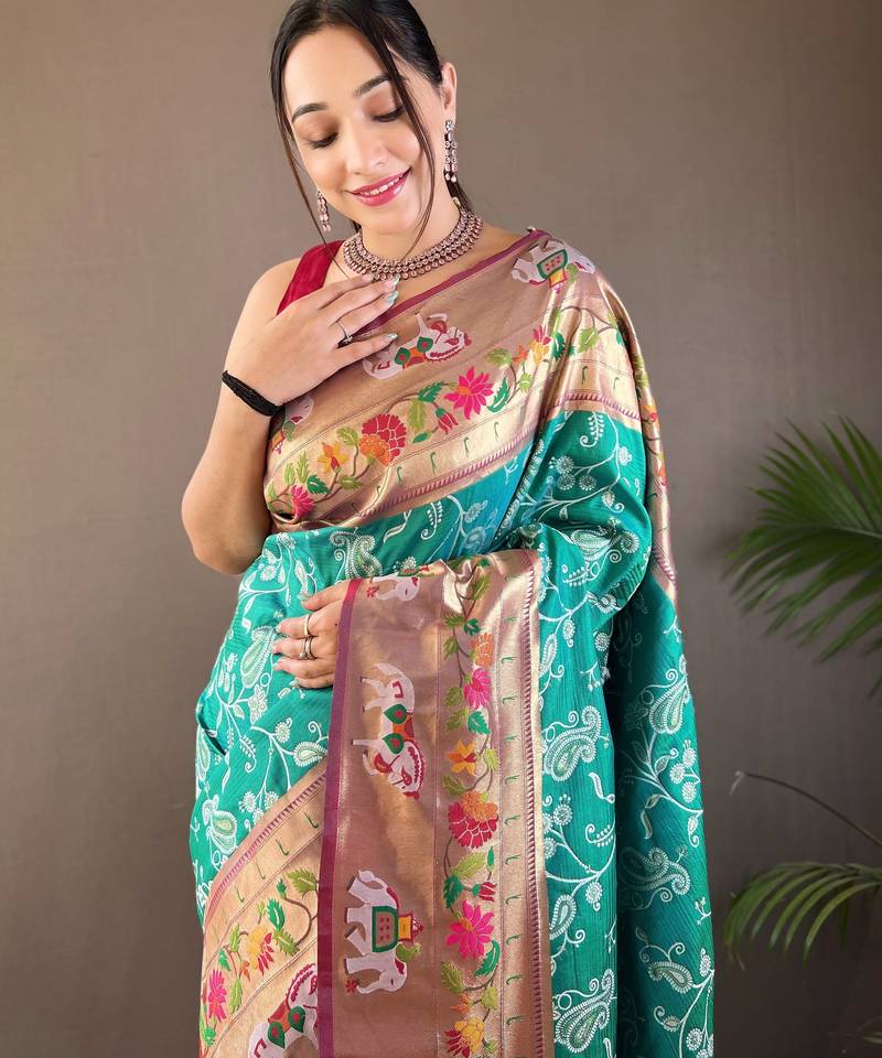 Rama Green Paithani silk blend Saree