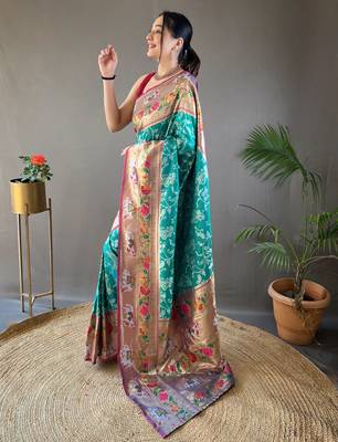 Rama Green Paithani silk blend Saree 2