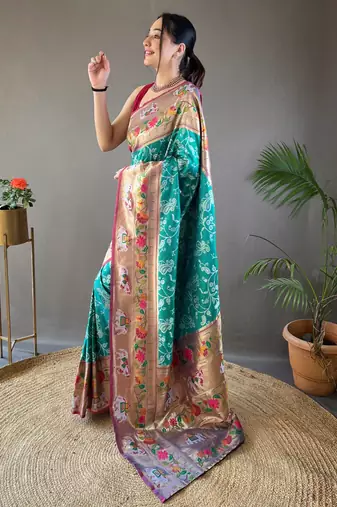 Rama Green Paithani silk blend Saree