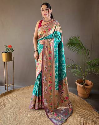 Rama Green Paithani silk blend Saree 3