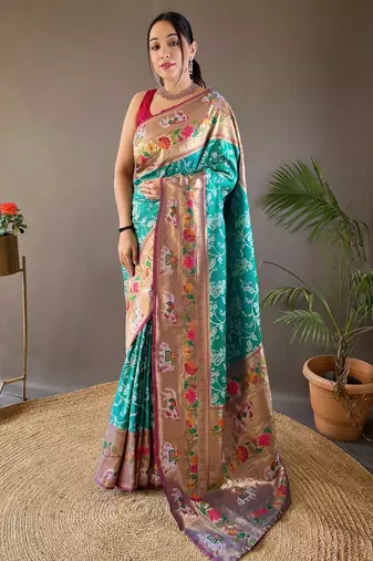 Rama Green Paithani silk blend Saree