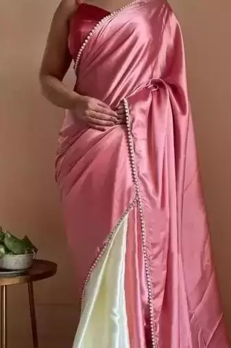Pink Color Two Tone Pari Lace Border Satin Saree