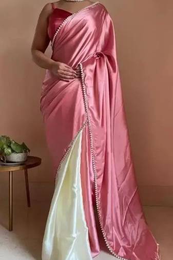 Pink Two Tone Pari Lace Border Satin Saree