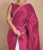 Rani Pink Color Two Tone Pari Lace Border Satin Saree