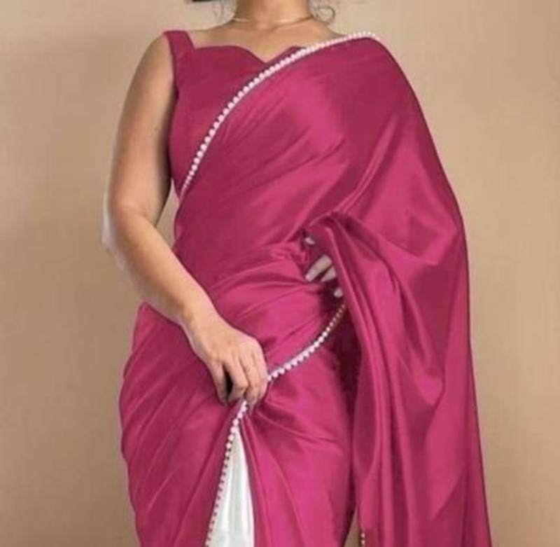 Rani Pink Two Tone Pari Lace Border Satin Saree