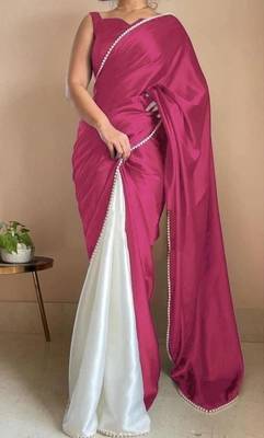 Rani Pink Color Two Tone Pari Lace Border Satin Saree 2