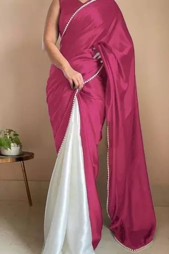 Rani Pink Color Two Tone Pari Lace Border Satin Saree