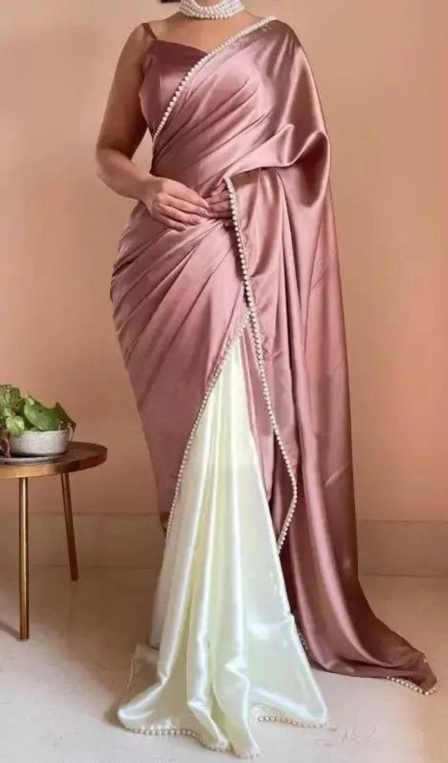 Light Mauve Color Two Tone Pari Lace Border Satin Saree