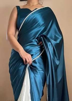 Teal Color Two Tone Pari Lace Border Satin Saree 2
