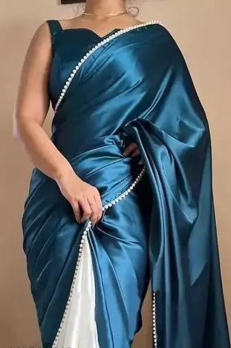 Teal Color Two Tone Pari Lace Border Satin Saree