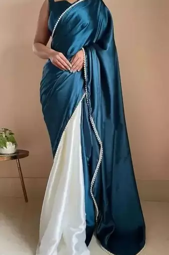 Teal Two Tone Pari Lace Border Satin Saree