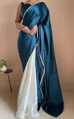 Teal Color Two Tone Pari Lace Border Satin Saree 1