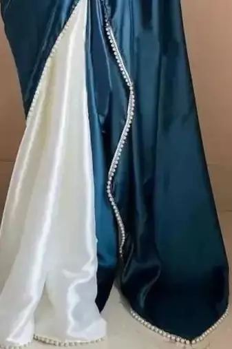 Teal Color Two Tone Pari Lace Border Satin Saree