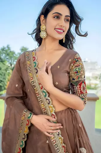 Stunning Beige Silk Sequins Party Wear Lehenga Choli With Dupatta
