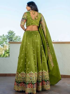 Dazzling Green Thread Embroidered Silk Mehendi Wear Lehenga Choli 5