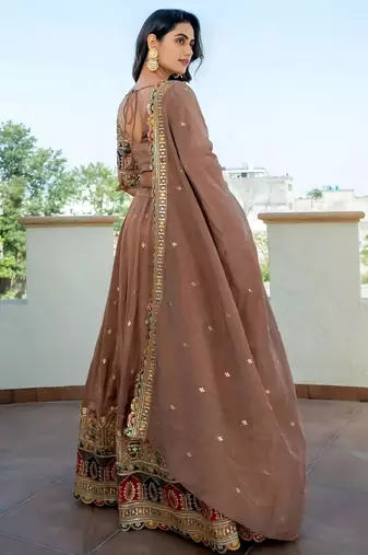 Stunning Beige Silk Sequins Party Wear Lehenga Choli With Dupatta
