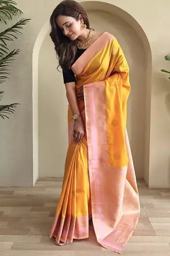 Yellow silk blend Sarees 