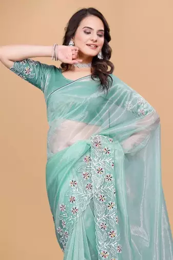 Aqua Twill Net With Embroidery Work Saree