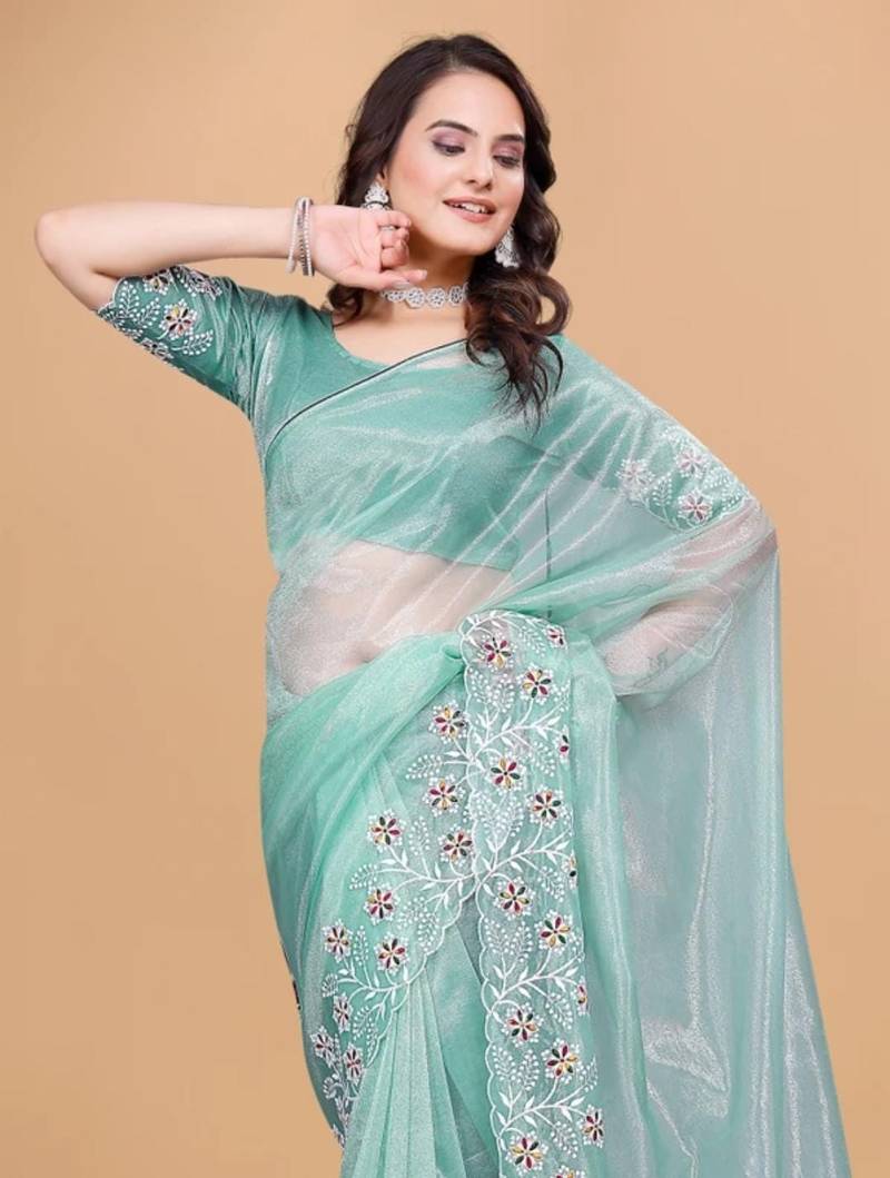 Aqua Twill Net With Embroidery Work Saree