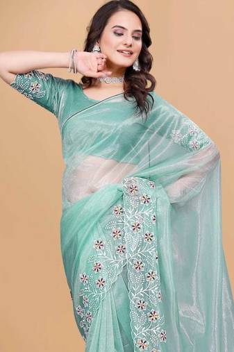 Aqua Twill Net With Embroidery Work Saree