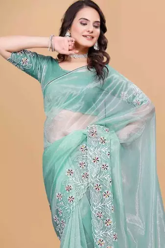 Aqua Twill Net With Embroidery Work Saree