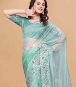 Aqua Color Twill Net With Embroidery Work Saree