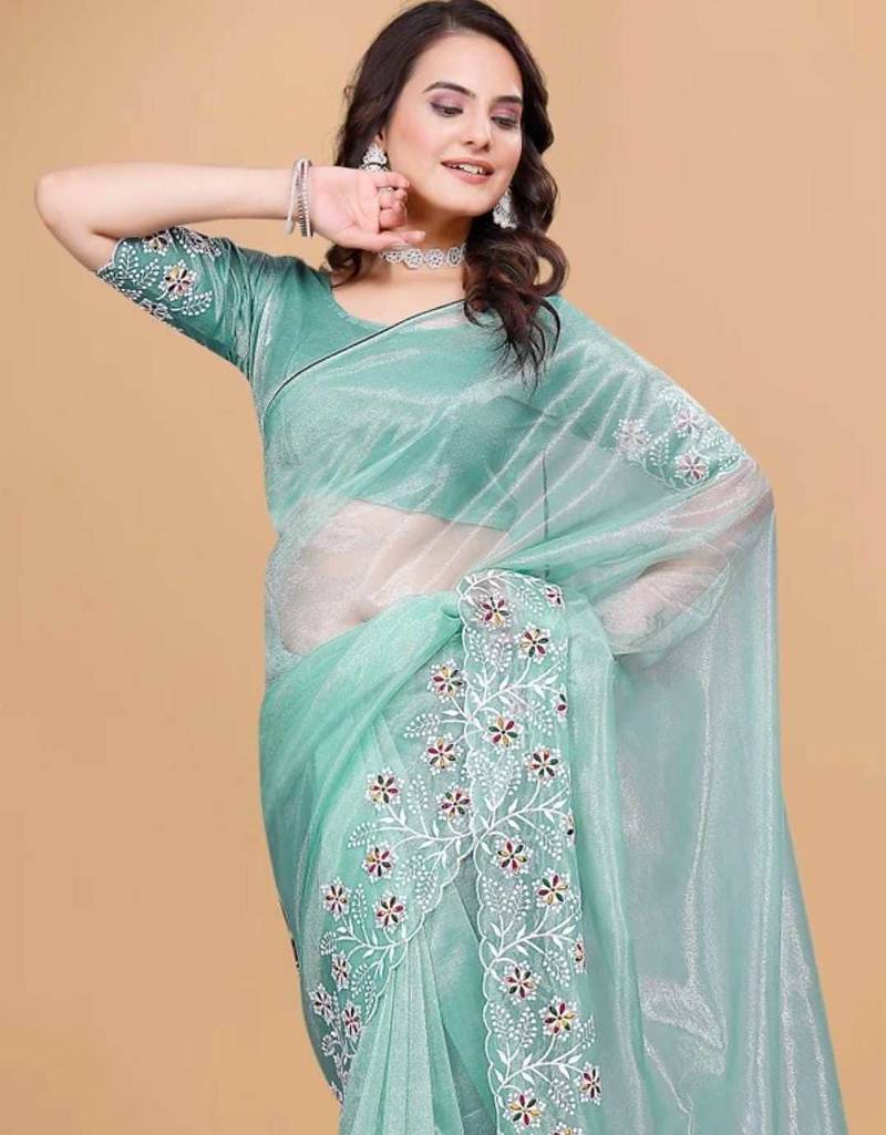 Aqua Twill Net With Embroidery Work Saree