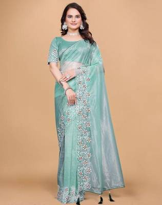 Aqua Color Twill Net With Embroidery Work Saree 2