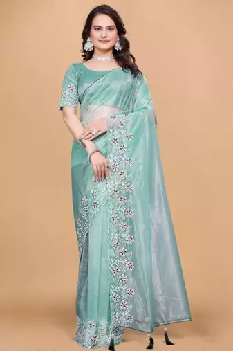 Aqua Color Twill Net With Embroidery Work Saree