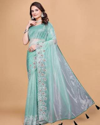 Aqua Color Twill Net With Embroidery Work Saree 3