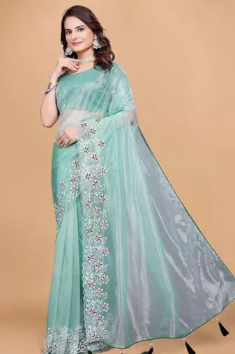 Aqua Color Twill Net With Embroidery Work Saree
