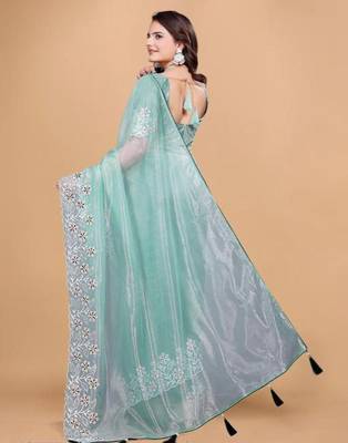 Aqua Color Twill Net With Embroidery Work Saree 4