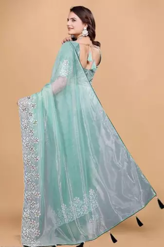 Aqua Color Twill Net With Embroidery Work Saree