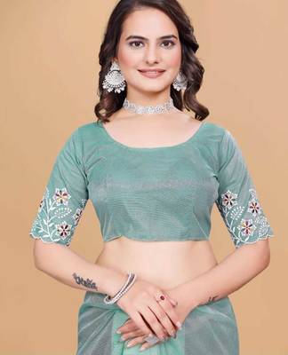 Aqua Color Twill Net With Embroidery Work Saree 5
