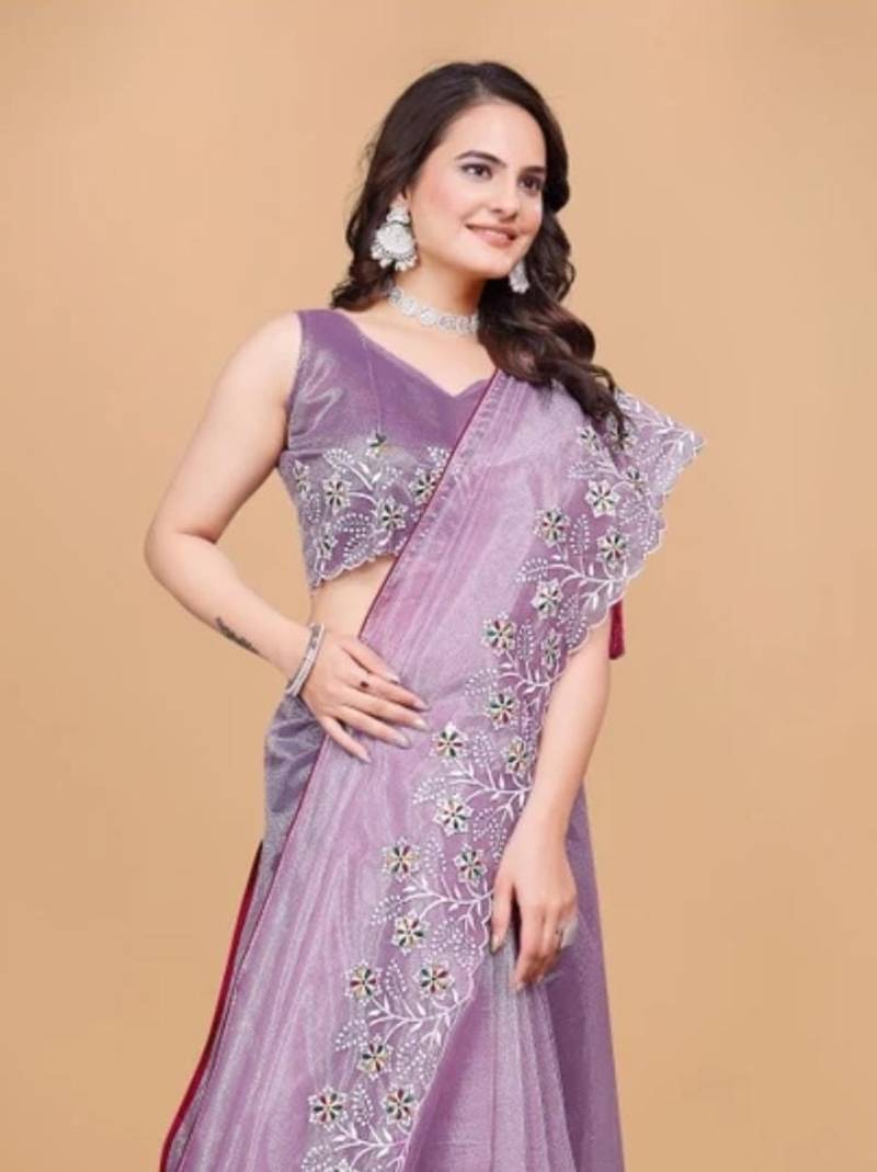 Lavender Color Twill Net With Embroidery Work Saree