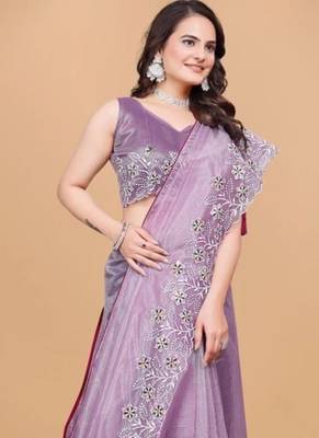 Lavender Color Twill Net With Embroidery Work Saree 1