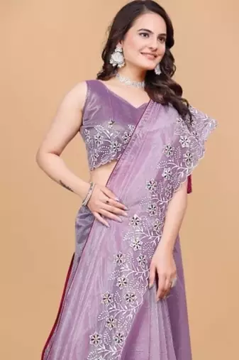 Lavender Color Twill Net With Embroidery Work Saree
