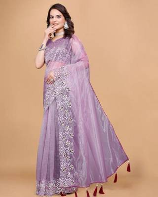 Lavender Color Twill Net With Embroidery Work Saree 2