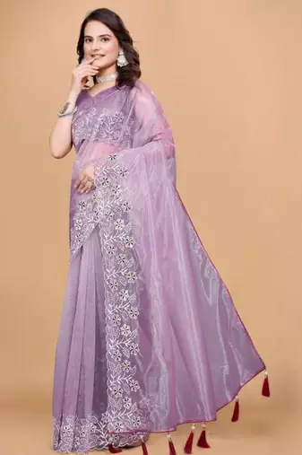Lavender Color Twill Net With Embroidery Work Saree