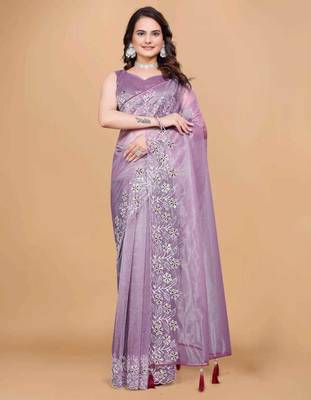 Lavender Color Twill Net With Embroidery Work Saree 3