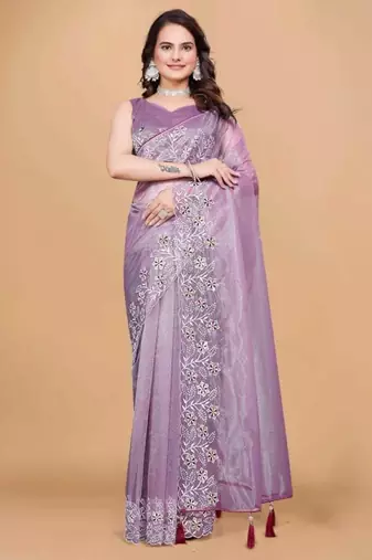 Lavender Color Twill Net With Embroidery Work Saree