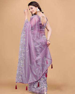 Lavender Color Twill Net With Embroidery Work Saree 4