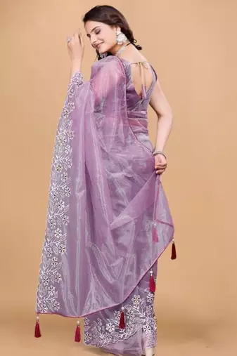 Lavender Color Twill Net With Embroidery Work Saree