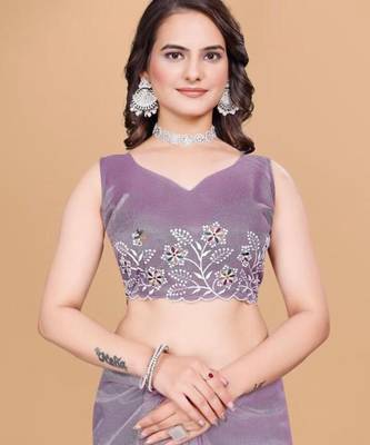 Lavender Color Twill Net With Embroidery Work Saree 5