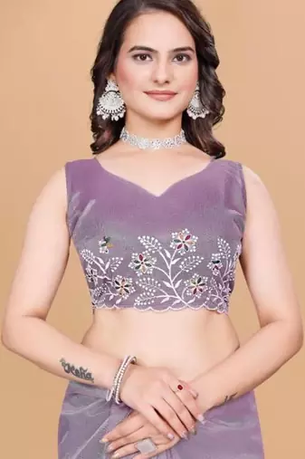 Lavender Color Twill Net With Embroidery Work Saree