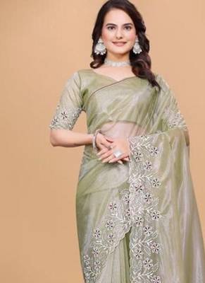 Olive Color Twill Net With Embroidery Work Saree 1