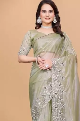 Olive Color Twill Net With Embroidery Work Saree
