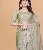 Olive Color Twill Net With Embroidery Work Saree