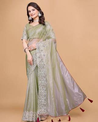 Olive Color Twill Net With Embroidery Work Saree 2